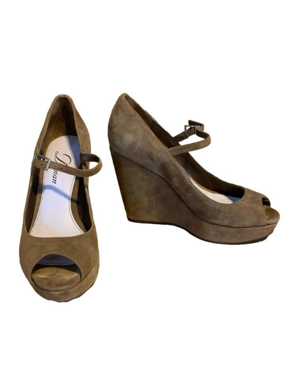 DELMAN TAUPE BROWN SUEDE PLATFORM WEDGE HEEL MARY JANE SHOES (6)